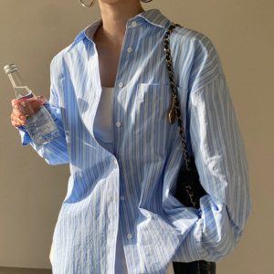 百搭口袋长袖条纹衬衫女