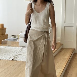 夏季复古设计感一片式侧边系带百搭显瘦A字半身裙长裙女