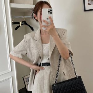 复古气质单排扣薄款短袖西装外套+休闲阔腿短裤套装